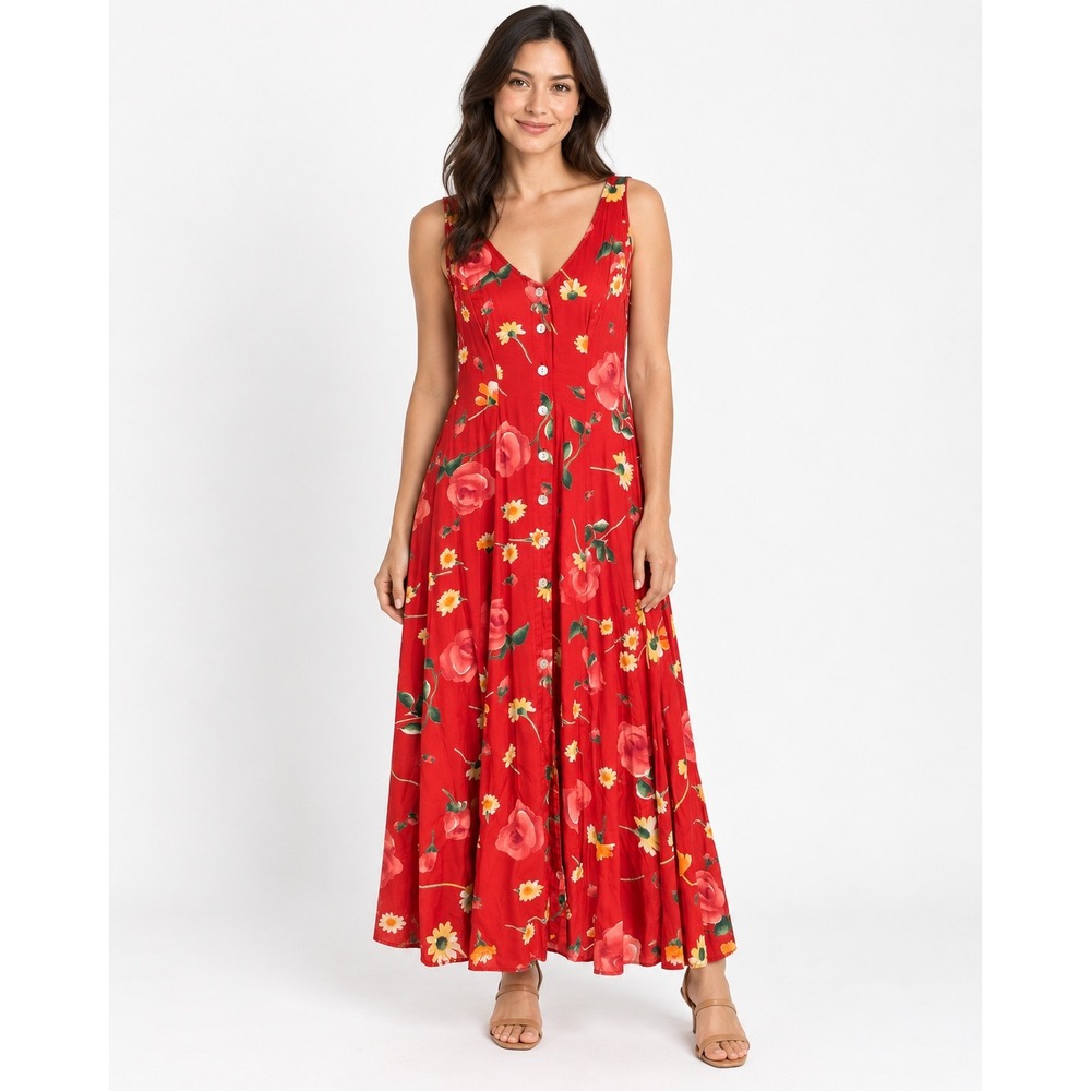Express Vintage Maxi Dress 3/4 Red Floral Rayon Button Front 90s Sundress